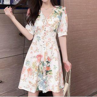 Short-sleeve V-neck Floral Midi Dress / Skorts