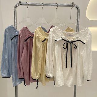 Long-sleeve Square-neck Lace-up Blouse