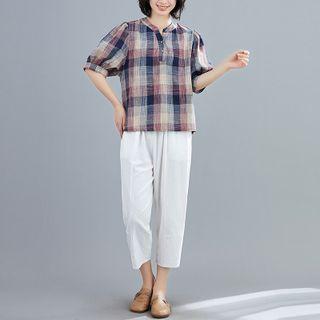 Set: Elbow-sleeve Plaid Henley Top + Harem Pants
