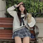 Sailor Collar Bow Cable Knit Sweater Off-white - One Size