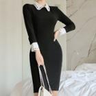Long-sleeve Perforated Trim Sheath Dress