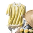 Short-sleeve Lapel Cut-out Crochet Knit Top
