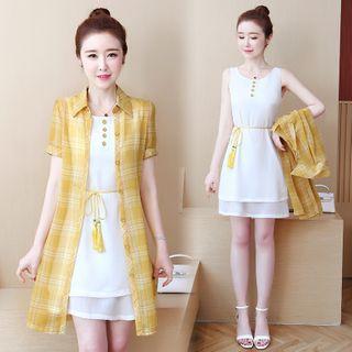 Set: Sleeveless Mini A-line Dress + Plaid Short-sleeve Shirt