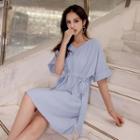 Elbow-sleeve Drawstring Waist Dress