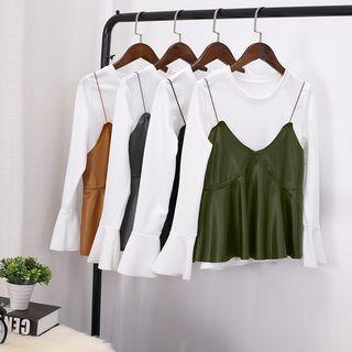 Set: Plain Long Sleeve T-shirt + Faux Leather Camisole Top