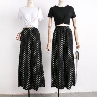 Set: Cropped T-shirt + Wide-leg Dotted Pants