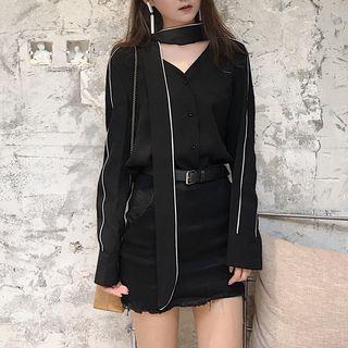 Piped V-neck Long-sleeve Chiffon Blouse