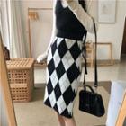 Plain Turtleneck Long-sleeve Slim-fit Top / Knit Camisole Top / Check Skirt