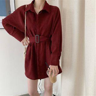 Long-sleeve Tie Waist Corduroy Dress
