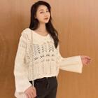 Long-sleeve Perforated Knit Top White - One Size