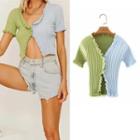 Short-sleeve Two-tone Lettuce Edge Knit Crop Top Green - S