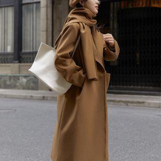 Plain Woolen Loose-fit Coat / Plain Scarf