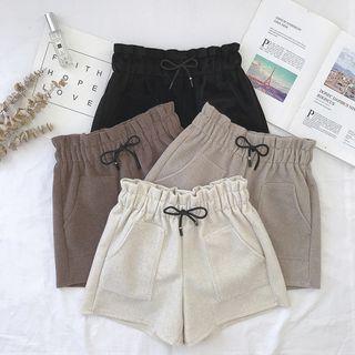 Drawstring High-waist Frilled Woolen Shorts