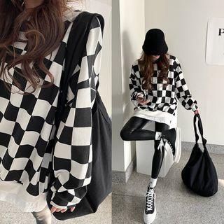 Layered-hem Checked Oversize Sweatshirt Black - One Size