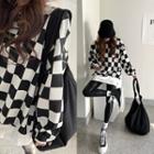 Layered-hem Checked Oversize Sweatshirt Black - One Size