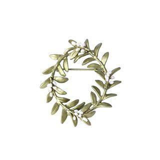 Fashion And Elegant Enamel Green Leaf Circle Imitation Pearl Brooch Silver - One Size