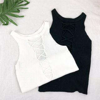 Plain Lace-up Cropped Slim-fit Knit Sleeveless Top