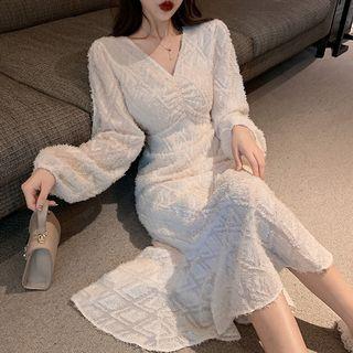 V-neck Ruffle Hem Long-sleeve Midi Sheath Dress