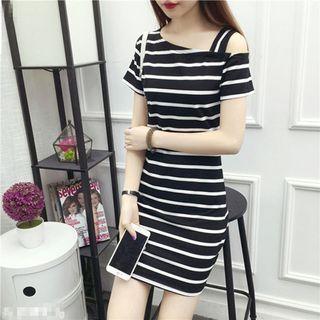 Short-sleeve Striped Cold-shoulder Mini Sheath Dress