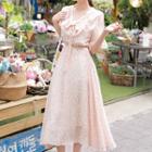 Tie-neck Frilled Floral Long Chiffon Dress