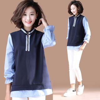 Mock Two-piece Flared-cuff Striped Shirt