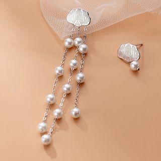 Cloud Sterling Silver Faux Pearl Fringed Asymmetrical Earring 1 Pair - Cloud Sterling Silver Faux Pearl Fringed Asymmetrical Earring - Silver - One Size