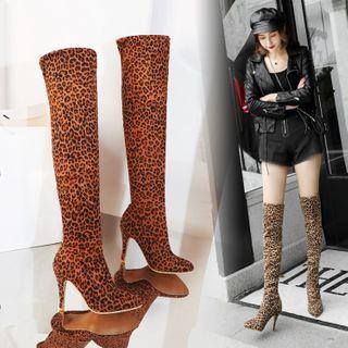 Leopard Print High-heel Faux Suede Tall Boots