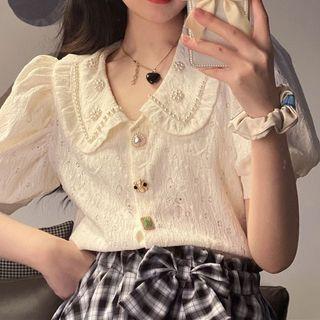 Short-sleeve Doll-collar Blouse Almond - One Size