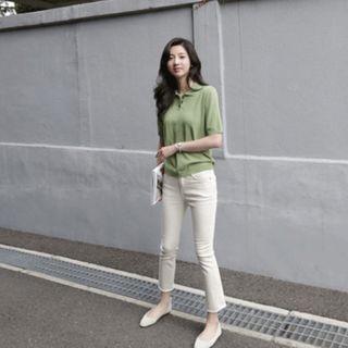 Collared Short-sleeve Knit Top