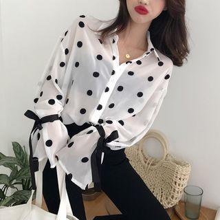 Dot Bell-sleeve Loose-fit Chiffon Blouse / High-waist Pants