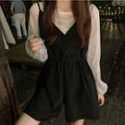 Set: Long-sleeve Round Neck Sheer Top + Spaghetti Strap Romper
