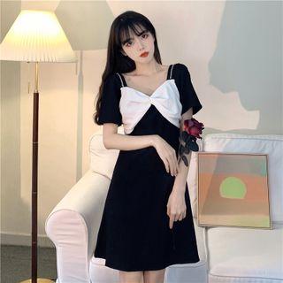 Short-sleeve Two-tone Twisted A-line Dress