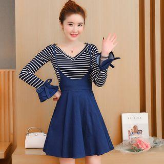 Set: Striped V-neck Long-sleeve T-shirt + Denim Pinafore Dress