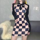 Long-sleeve Check Panel Cut-out Mini Sheath Dress