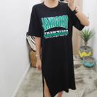 Lettering Slit-side T-shirt Dress Black - One Size