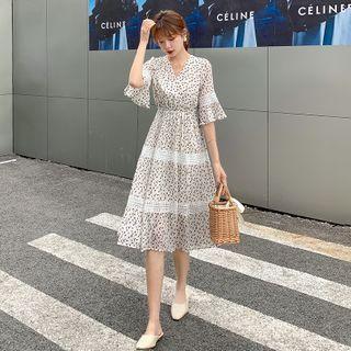 Short-sleeve Floral Print Lace Trim Midi Chiffon Dress