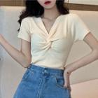 Plain V-neck Knotted Short-sleeve Top
