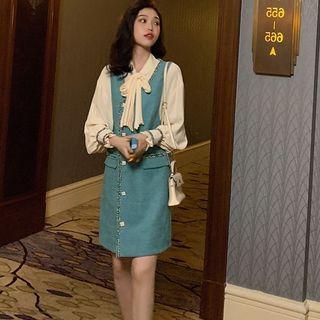 Set: Tie-neck Blouse + Buttoned Mini Pinafore Dress