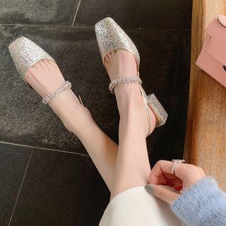 Low-heel Square Toe Chained Patent Sandals