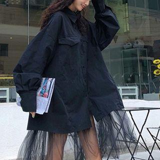 Plain Long-sleeve Shirt Panel Mesh Dress Black - One Size