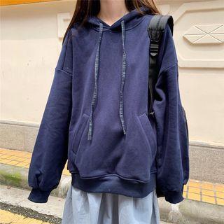 Drawstring Long-sleeve Hoodie Navy Blue - One Size