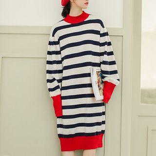 Contrast Trim Mock Neck Striped Midi Pullover Dress As Shown In Figure - One Size