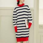 Contrast Trim Mock Neck Striped Midi Pullover Dress As Shown In Figure - One Size