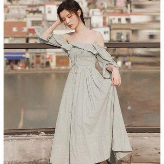 Elbow-sleeve Ruffled A-line Midi Dress