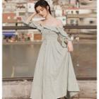 Elbow-sleeve Ruffled A-line Midi Dress