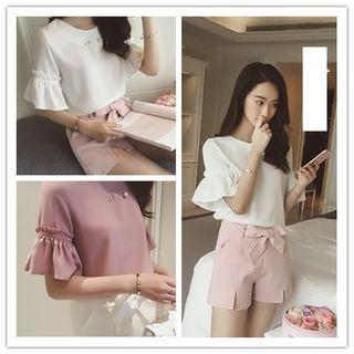 Plain Frill Trim Elbow Sleeve Chiffon Top