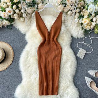 Deep V-neck Knit Tank Dress