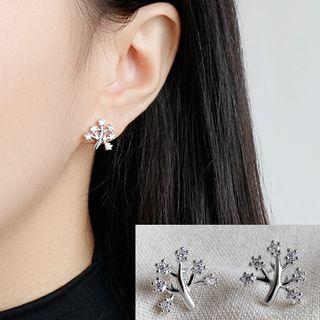 925 Sterling Silver Rhinestone Tree Earring 925 Sterling Silver - With Backs Stopper - White Gold - One Size