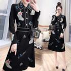Collared Embroidered Long-sleeve A-line Dress