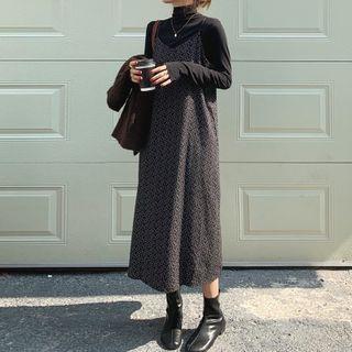 Spaghetti Strap Floral Print Midi A-line Dress / Fleece Jacket